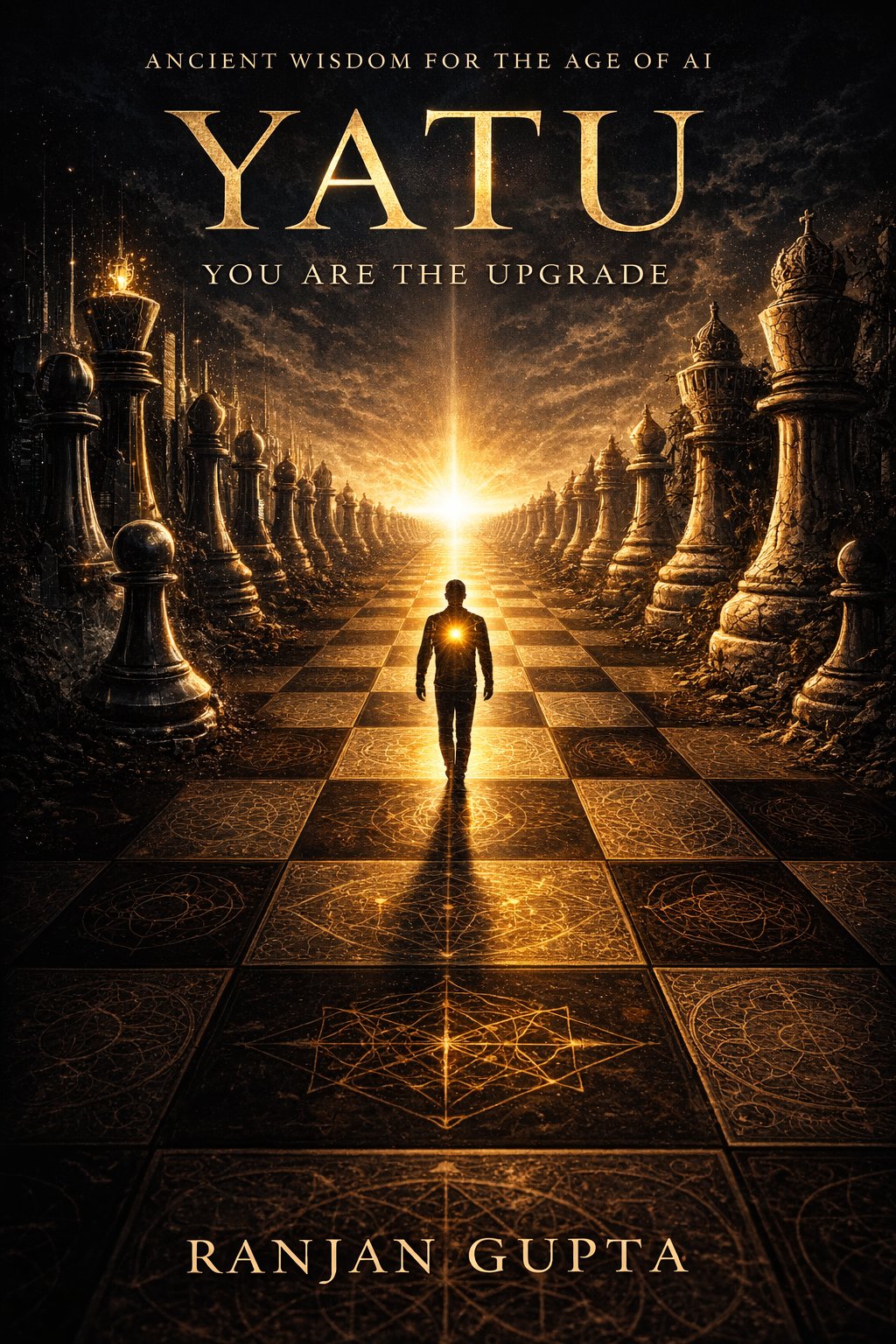 YATU — You Are The Upgrade book cover. A silhouetted figure walks along a golden chess board toward a radiant horizon, flanked by towering chess pieces. Ancient geometric patterns glow beneath the path.